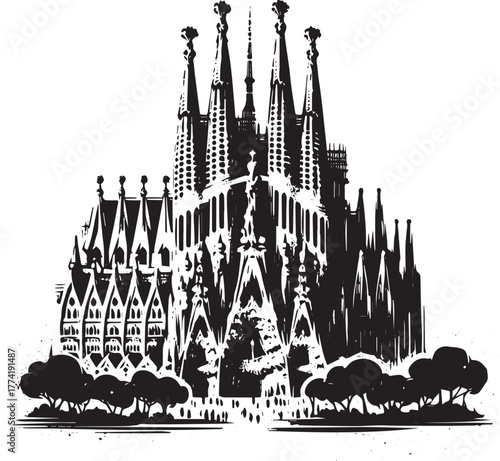 Architectural marvel La Sagrada Familia facade, in minimalist su