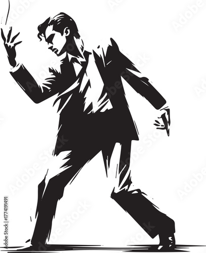 Monochrome Illustration of a Stylish Man Performing an Expressiv