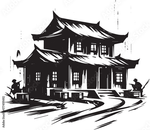 Minimalist depiction of military outpost with sumi-e style, simp