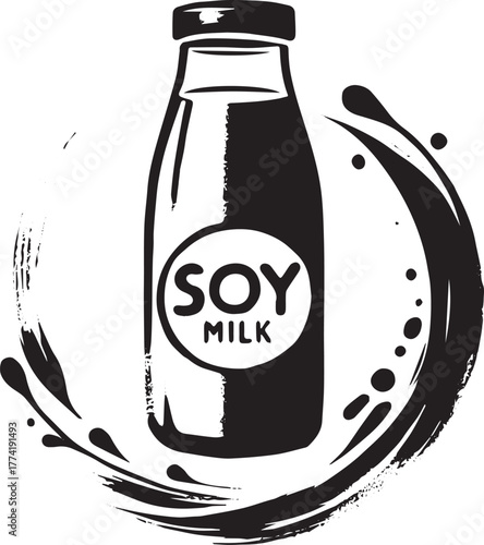 Minimalist sumi-e style illustration of a Soy Milk bottle with b