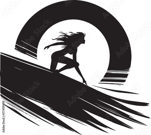 Dynamic monochrome illustration of a woman surfing the abstract