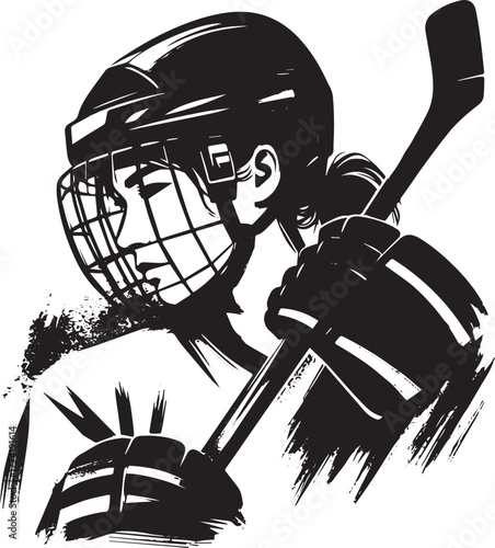 Monochrome depiction of a female hockey athlete in sumi-e minima