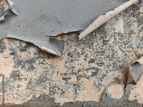 A close-up of a damaged wall texture showing a large section of gray paint peeling and curling back to reveal the rough, weathered, and cracked plaster or concrete layer underneath.