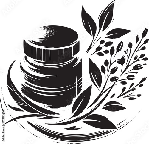 Minimalist herbal medicine container illustration in sumi-e styl