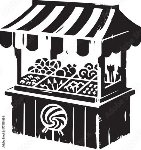 Stylized candy shop stall illustration with striped awning and a