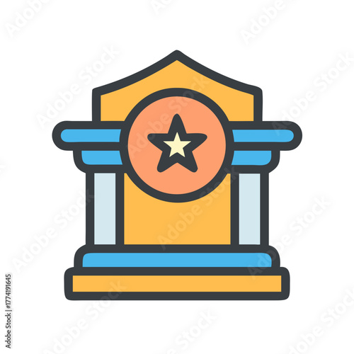 Abstract building icon with star emblem on black background