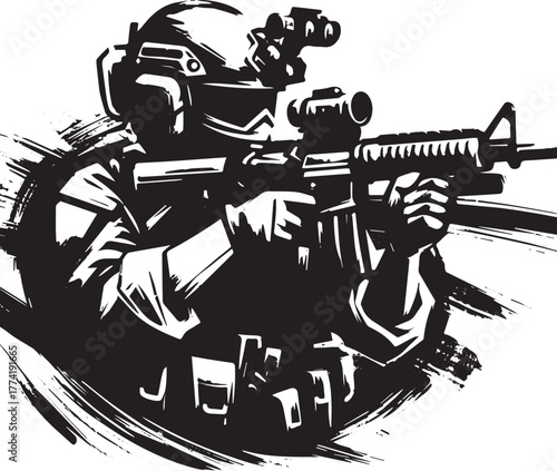 Monochromatic depiction of a soldier in action, conveying streng