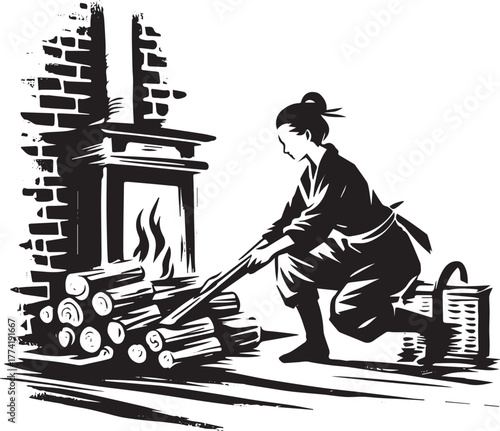 Sumi-e Style Illustration: Woman Stacking Firewood by the Firepl