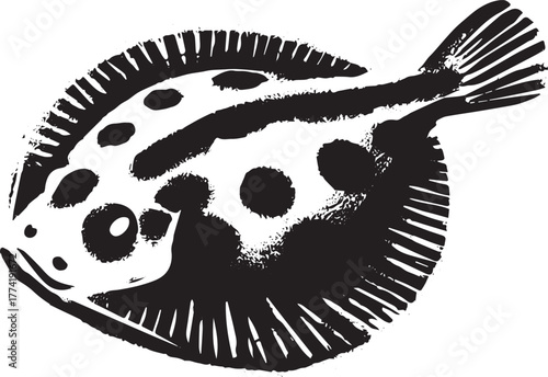 Stylized flounder illustration showcasing bold linework and aqua