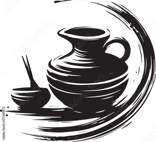 Elegant pottery pitcher with ladle in sumi-e style, perfect as a