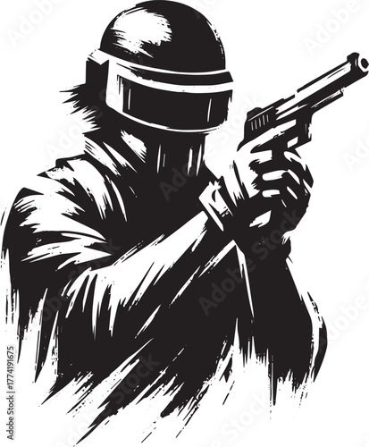 Stylized gunfighter icon in monochrome, conveying action and fut