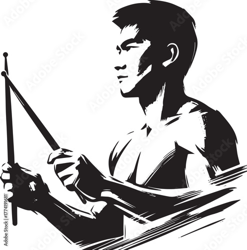 Monochrome Sumi-e illustration of a drummer holding drumsticks w