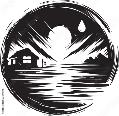 Monochrome sumi-e style illustration of a house near water bodie