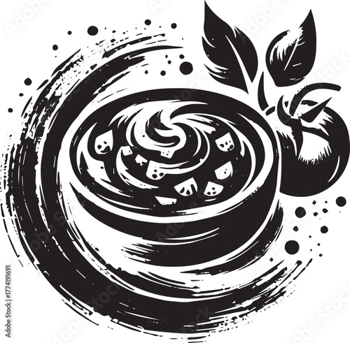 Whimsical black and white illustration of salsa with tomato and