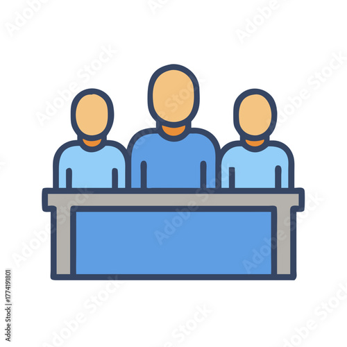 Three faceless figures seated behind a blue table graphic