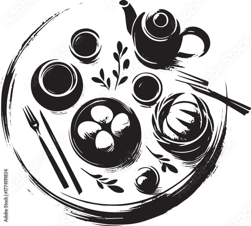 Minimalist monochrome sumi-e illustration of an eastern brunch a
