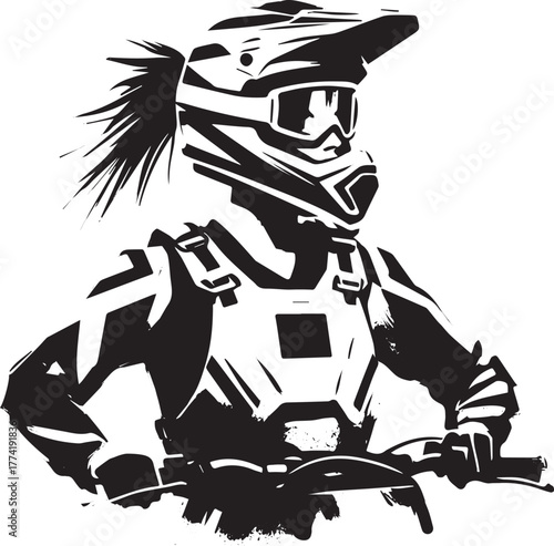 Female Motocross Athlete in Minimalist Sumi-e Style Graphic Illu