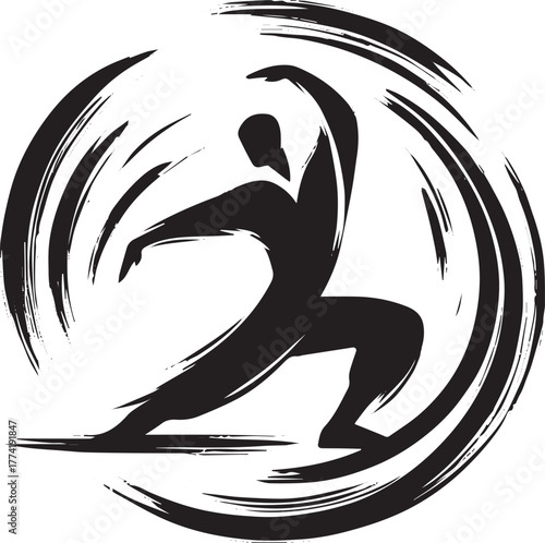Dynamic martial arts silhouette within expressive brushstroke ci