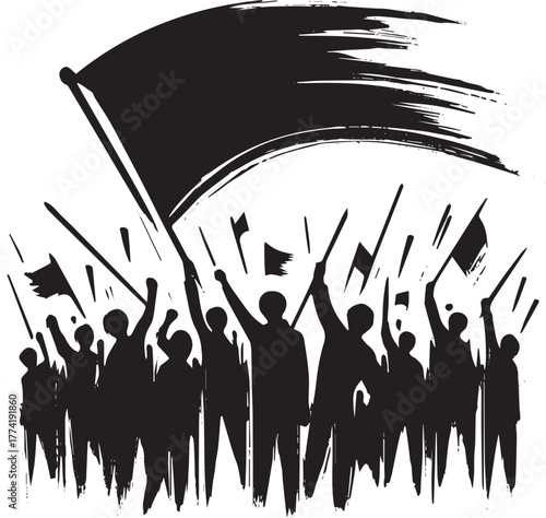 Stylized depiction of a crowd rallying with banners, expressing