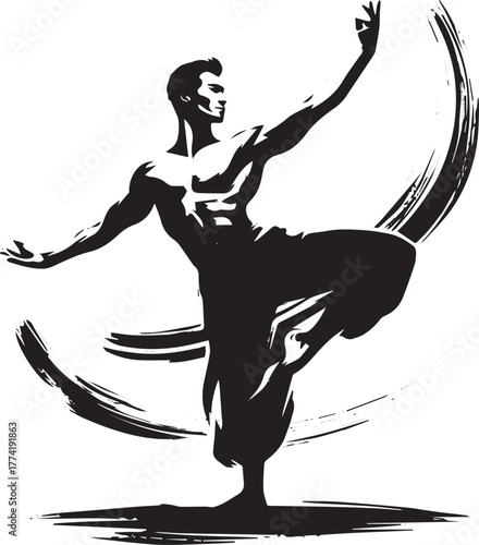 Sumi-e illustration of a man in an elegant arabesque pose with b