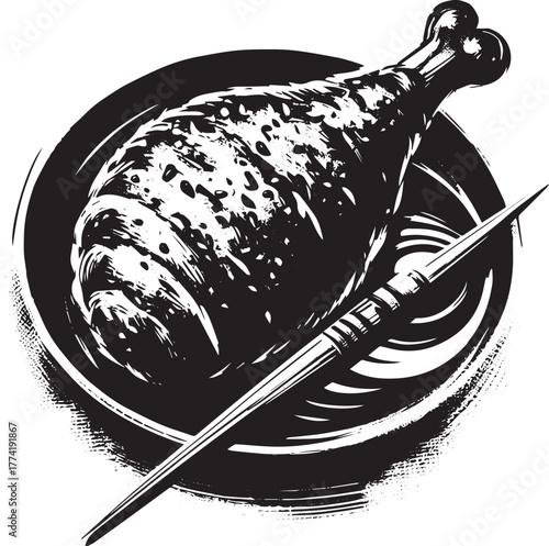 Monochrome depiction of a delectable roasted chicken leg with a