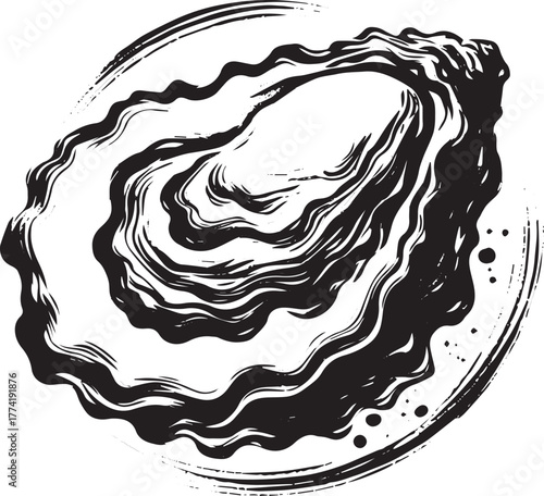 Monochrome depiction of an oyster shell in a simple sumi-e inspi