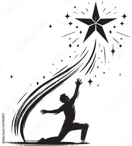 Silhouette reaching star symbolic of aspiration, achievement and
