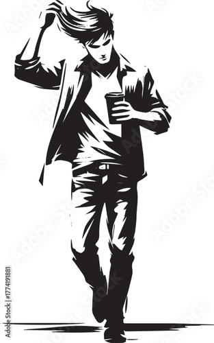 Monochrome illustration of stylish man with coffee adjusting his