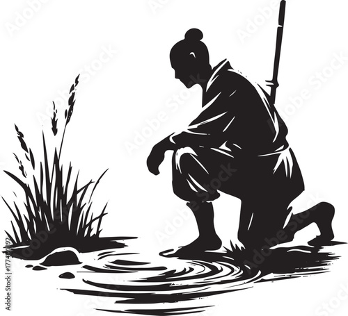 Silhouette illustration of contemplative figure by stream in min