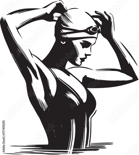 Sumi-e style monochrome swimmer illustration adjusting her swim