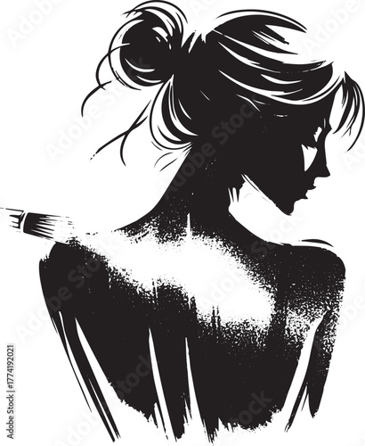 Elegant Sumi-e Woman with Body Powder Brushstroke Illustration i