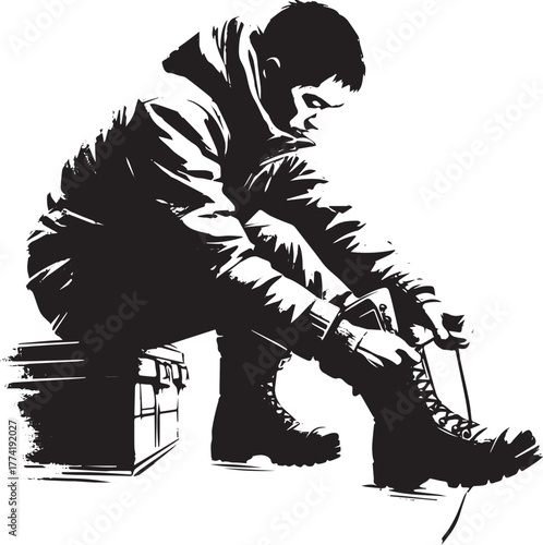 Monochrome Silhouette of a Man Tying the Laces of His Rugged Boo