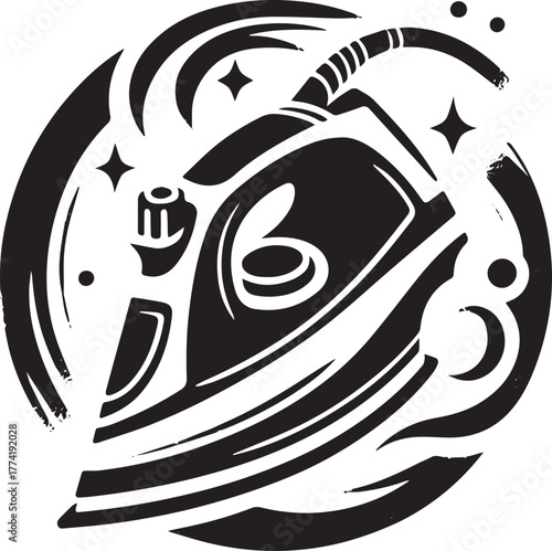Monochrome ironing sprayer logo, stylized sumi-e technique, simp