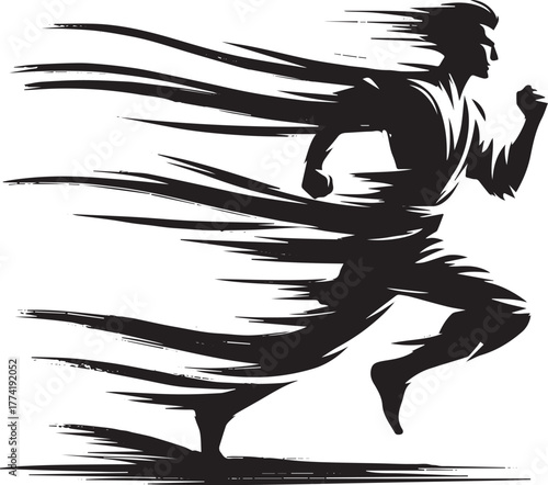 Dynamic sumi-e illustration of a man sprinting with motion brush