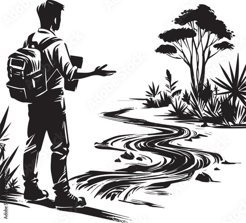 Man explaining water preservation at streamside in Japan sumi-e