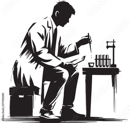 Monochrome illustration of scientist analyzing samples with pipe