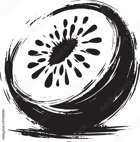 Minimalist sumi-e style illustration of a sliced kiwi fruit in b