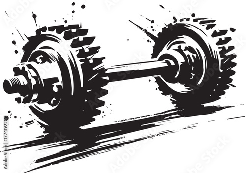Front axle illustration with minimalist ink wash style design, s