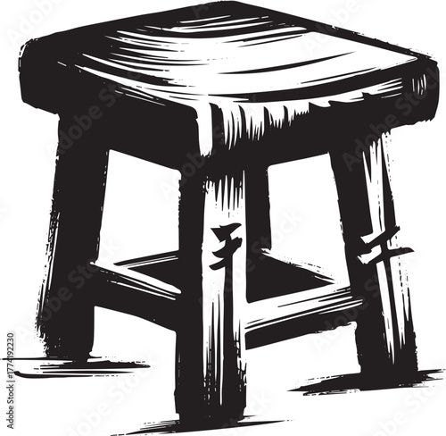 Hand-painted wooden stool in sumi-e style, embodying zen minimal