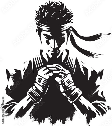 Monochrome illustration of a poised fighter in contemplation,sum