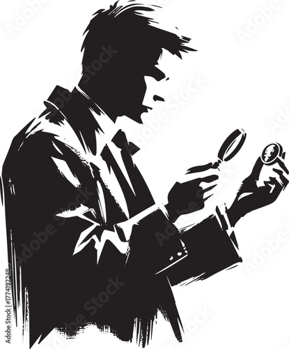 Intricate ink drawing of a man scrutinizing a coin with a magnif