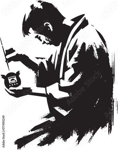 Minimalist sumi-e illustration of a man interacting with a virtu