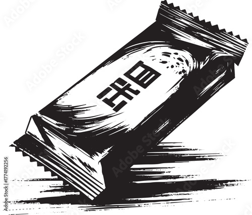 Monochrome sumi-e illustration of a protein bar with jagged edge