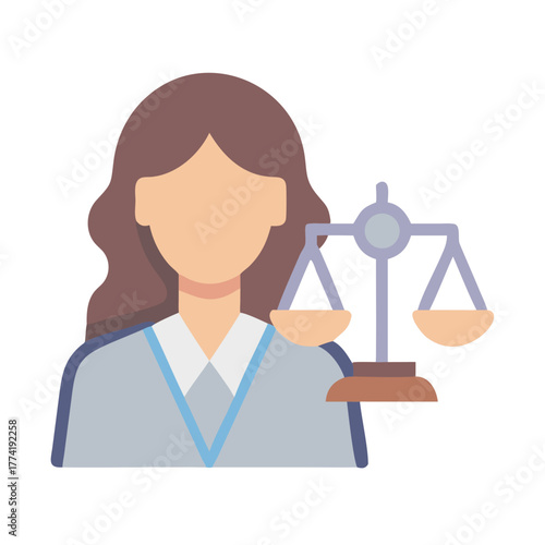 Female lawyer or judge icon with scales of justice
