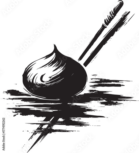 Minimalist Sumi-e Illustration of a Mauritian Dholl Puri with ch