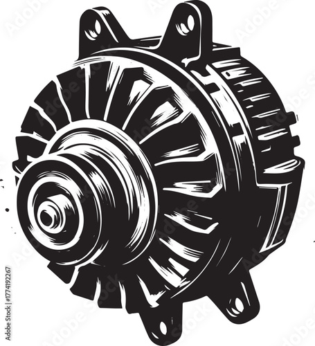 Stylized alternator component depiction with intricate graphic l
