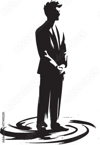 Monochrome portrayal of a thoughtful man standing in contemplati