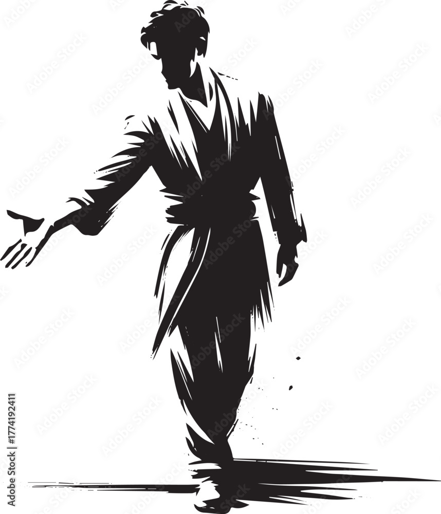 Fototapeta premium Monochrome sumi-e artwork depicting a man extending an offering