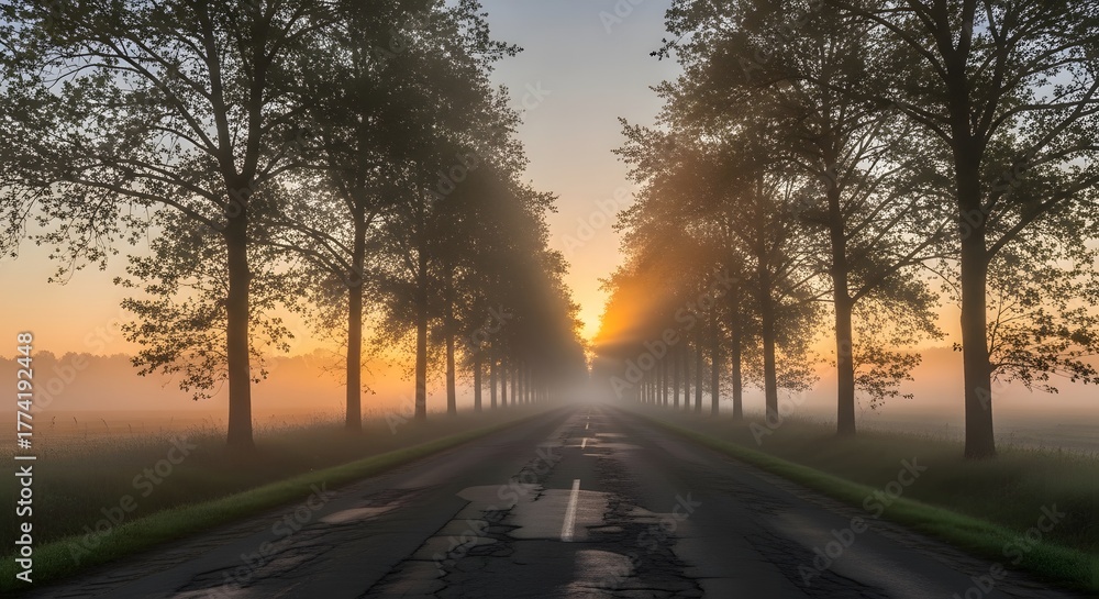 Fototapeta premium Scenic misty road lined with trees at sunrise
