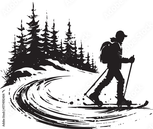 Winter adventure minimalist illustration of a skier in a forest